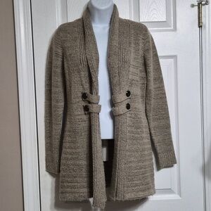 AB Studio Womens XS Cardigan Sweater Knit Button Front Tan/Grey